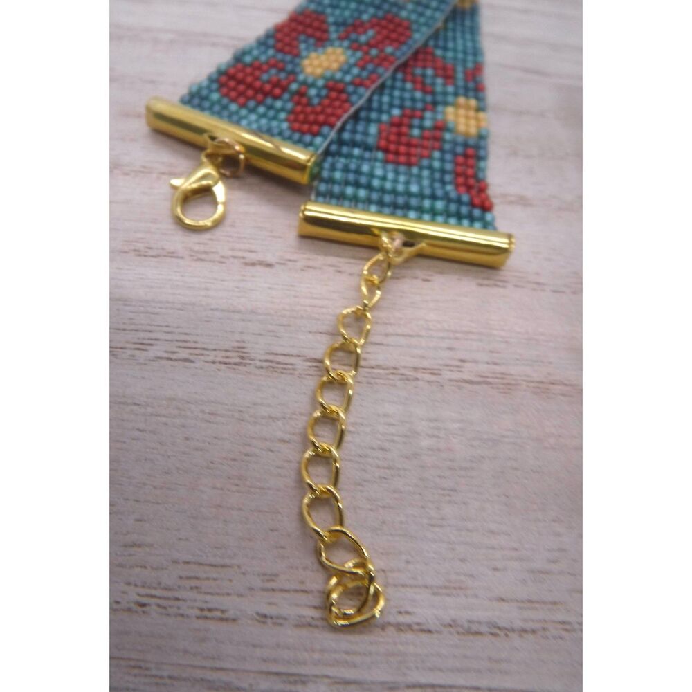 Loom Beaded Bracelet Green, Red & Wheat Floral - Picture 4 of 4